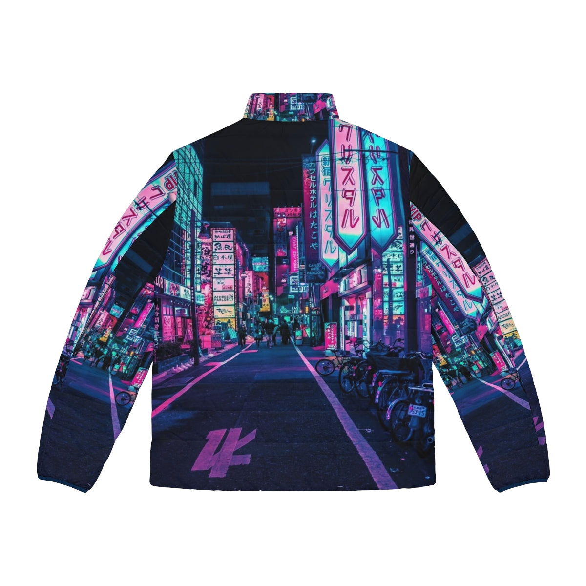 Tokyo Neon Wonderland Puffer Jacket 2 - Futuristic cyberpunk style puffer jacket with neon lights and pastel colors - Back