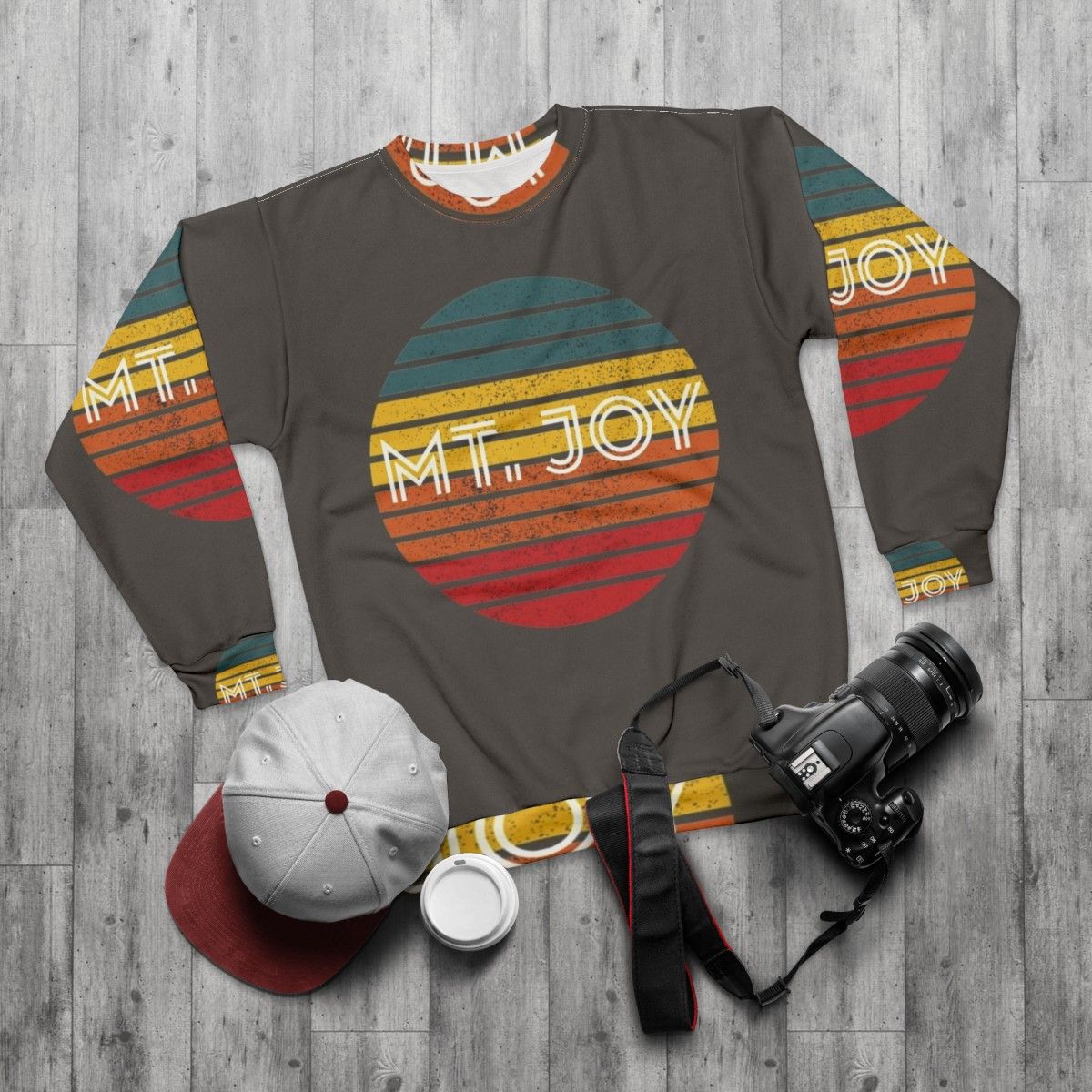 Retro vintage Mt Joy indie alternative music sweatshirt with nature landscape design - flat lay