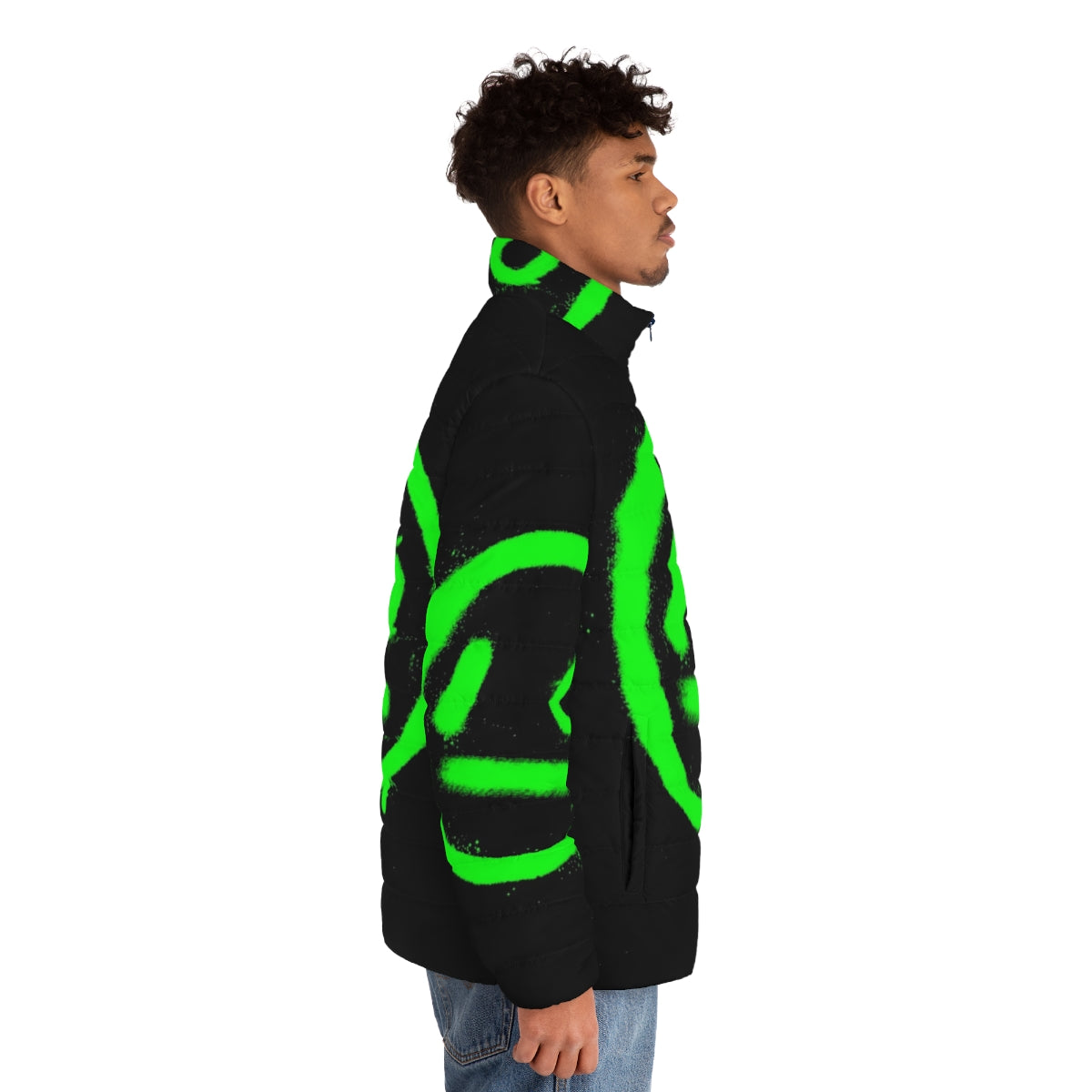 A stylish puffer jacket with a focus on techno and electronic music festival fashion - men side right