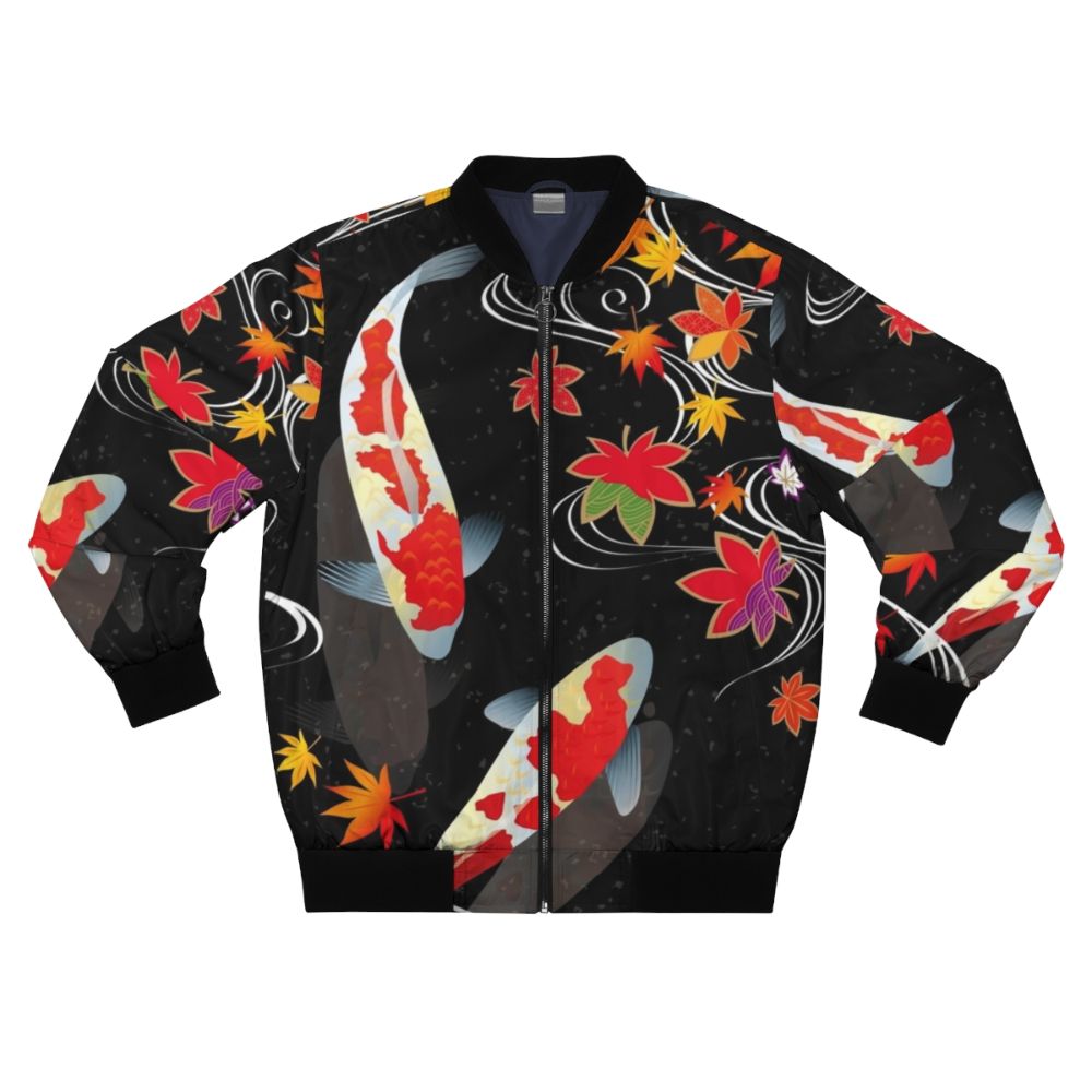 A stylish bomber jacket featuring a vibrant Japanese koi carp design