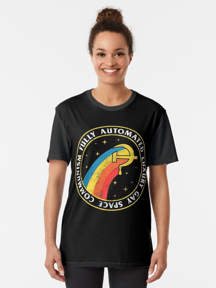 Fully Automated Luxury Gay Space Communism graphic t-shirt design featuring communist and space elements - Women