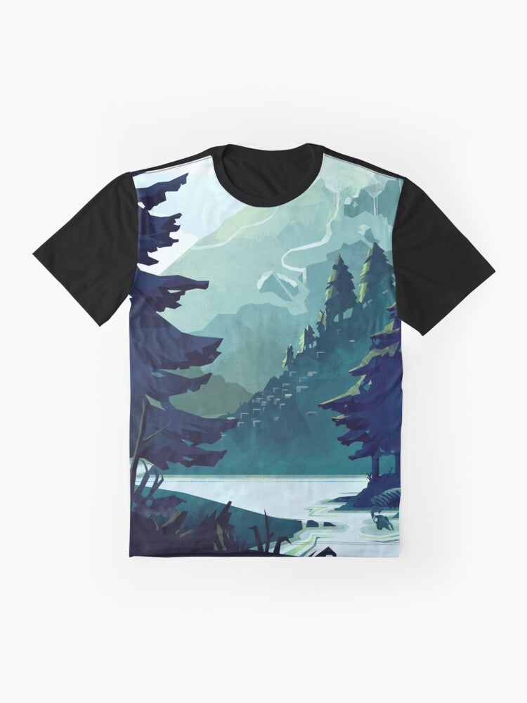 A t-shirt featuring a beautiful graphic design of the Canadian Rocky Mountains with a scenic landscape of mountains, water, and a colorful sky. - Flat lay