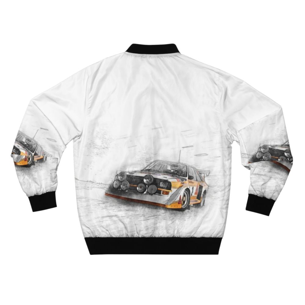 Bomber jacket featuring a rally car illustration with a painting effect, highlighting the motorsport and German automotive design. - Back