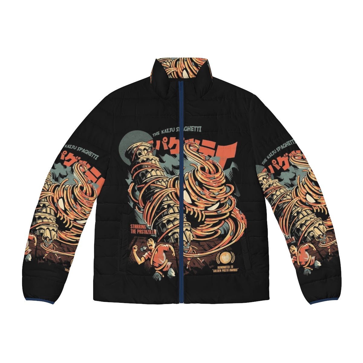 Kaiju Spaghetti Black Puffer Jacket, a retro inspired Japanese monster fashion design