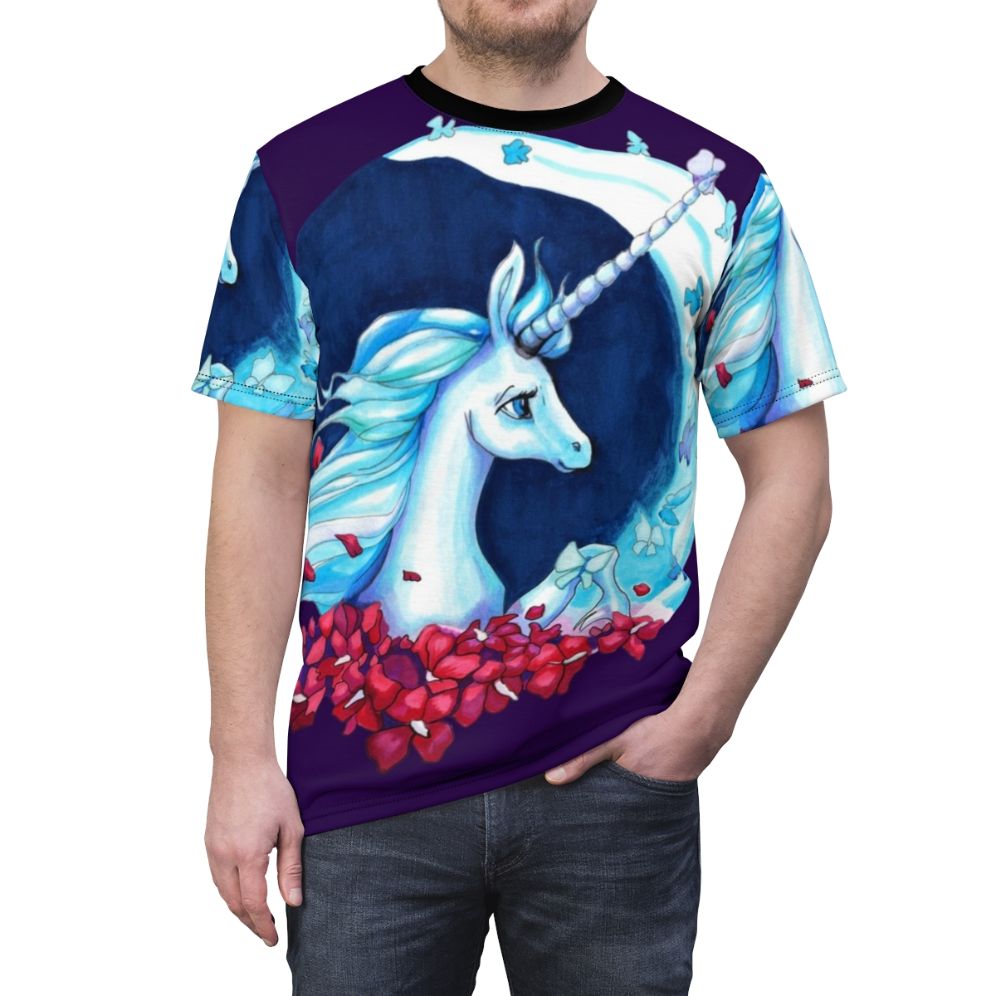 Enchanting moonlight unicorn t-shirt with blue butterflies and floral elements - men front