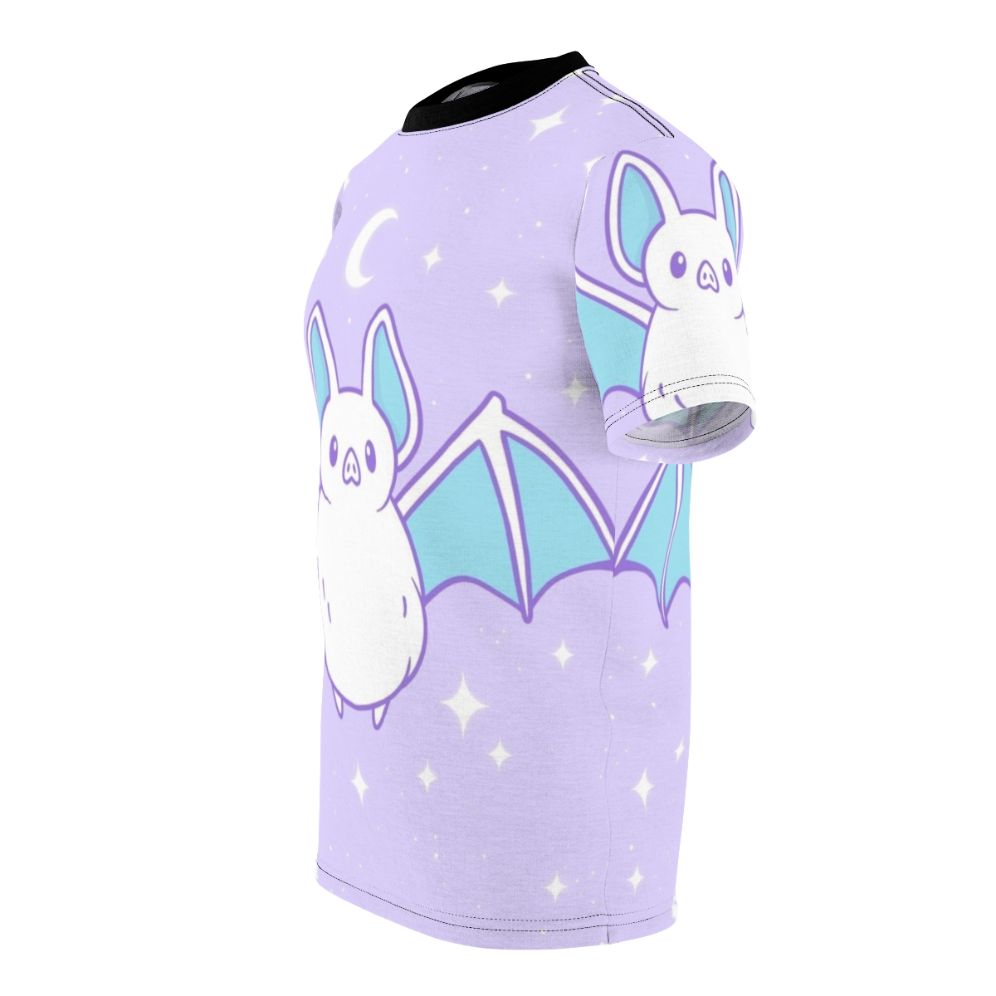 Pastel-colored bat graphic on a comfortable, high-quality t-shirt for fans of gothic, witchy, and autumn-inspired fashion. - men left