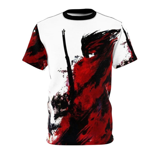 Stylized abstract t-shirt design featuring a shadowy, weapon-wielding figure in a classic video game aesthetic