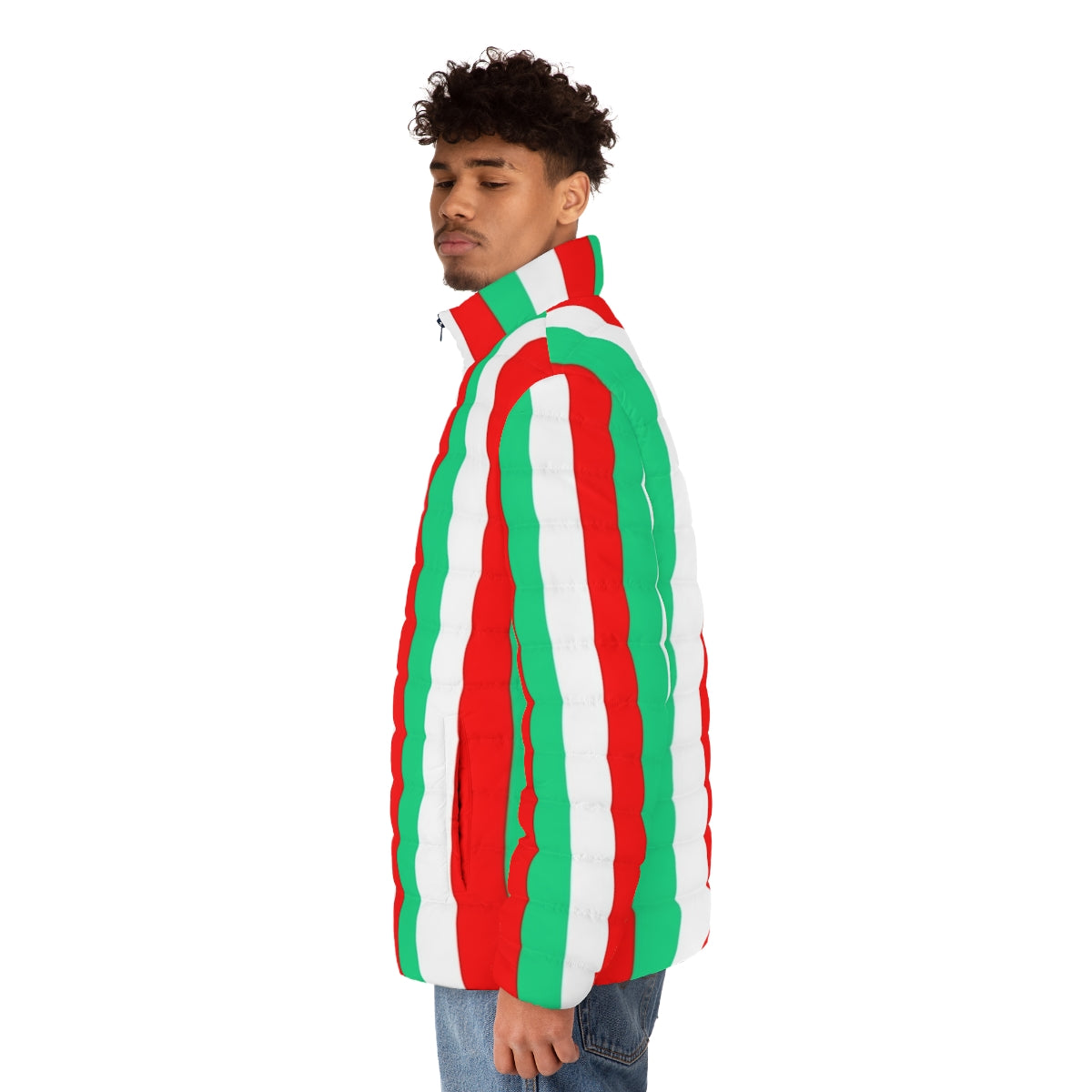 Red, green, and white striped puffer jacket, a stylish and on-trend design - men side left