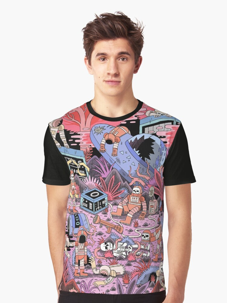 Chaos Graphic T-Shirt featuring a sci-fi space supernatural design with an astronaut, skull, and other elements. - Men