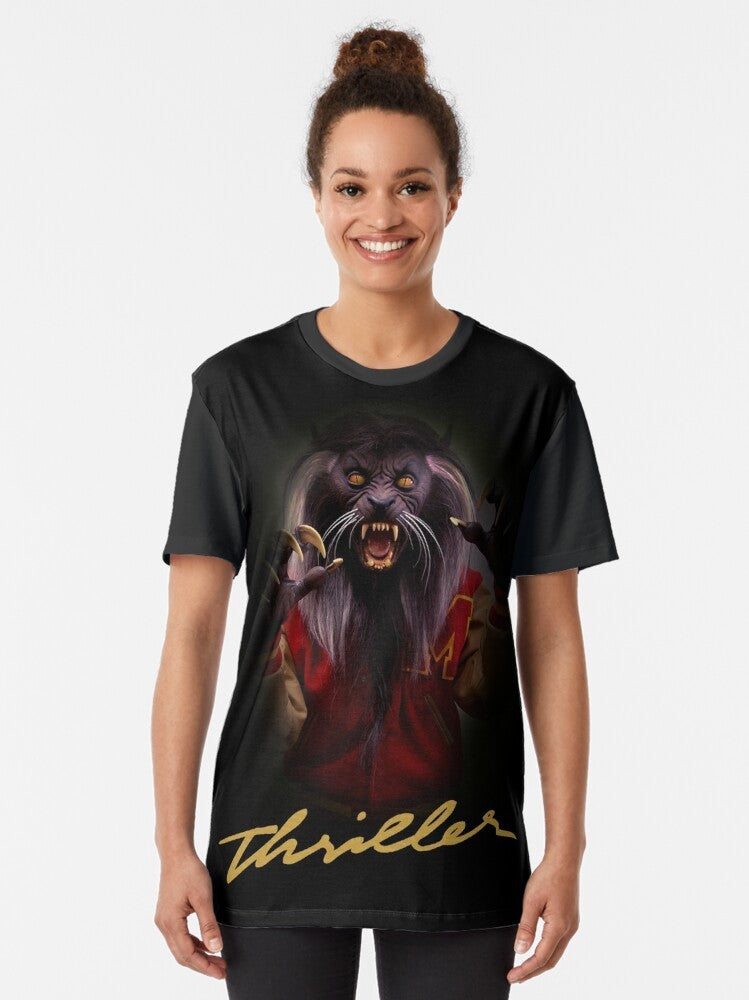 Thriller Michael Jackson Halloween Graphic T-Shirt with wolf and Jackson silhouette - Women