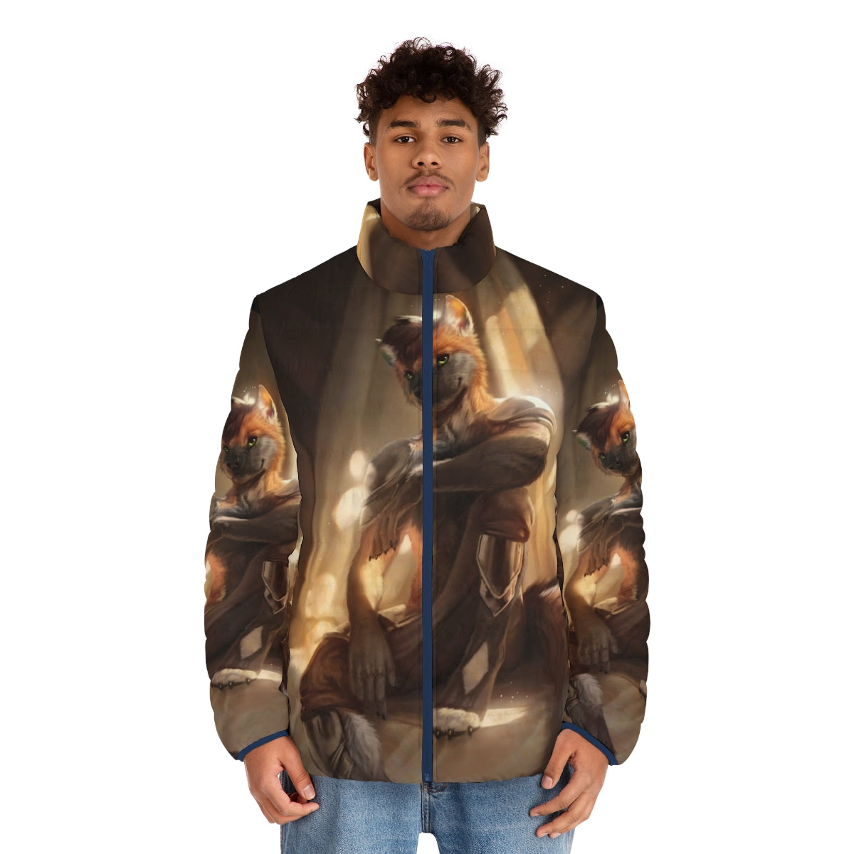 Contentment Puffer Jacket - Anthro canine digital art featuring a wolf or dog-like character - men front