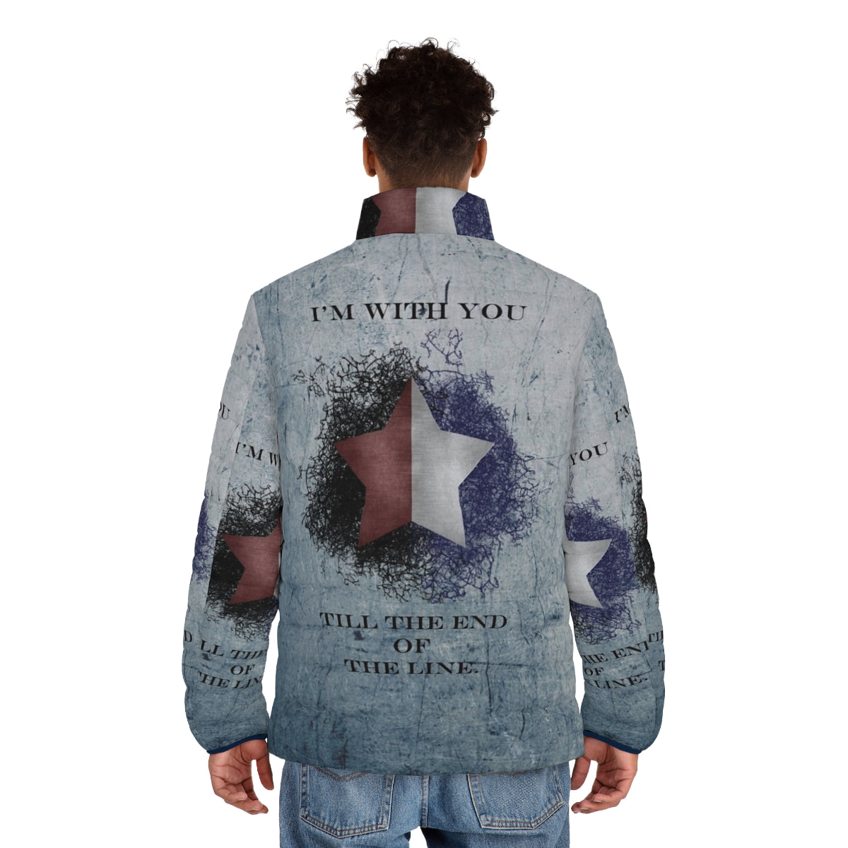 "A puffer jacket featuring the 'I'm With You Till the End of the Line' quote from Captain America: The Winter Soldier" - men back