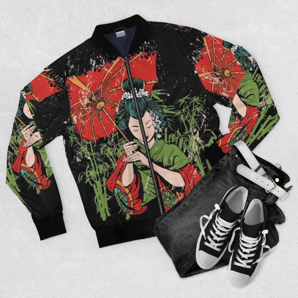 Traditional Geisha Design Bomber Jacket for Women - Flat lay