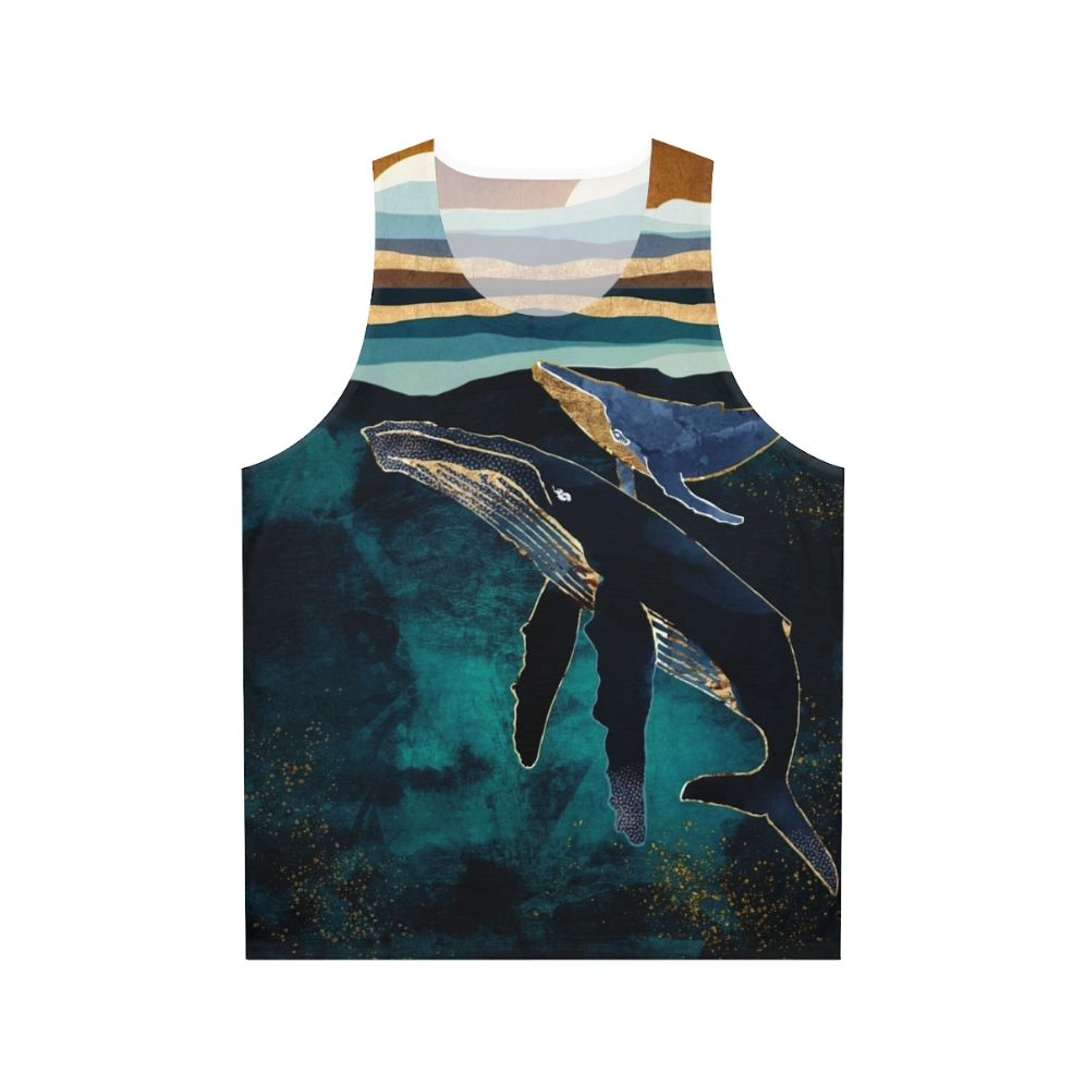 Unisex tank top featuring abstract whales and moon design