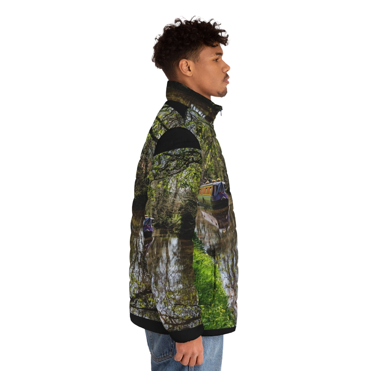 Puffer jacket featuring a scenic canal barge and reflections - men side right