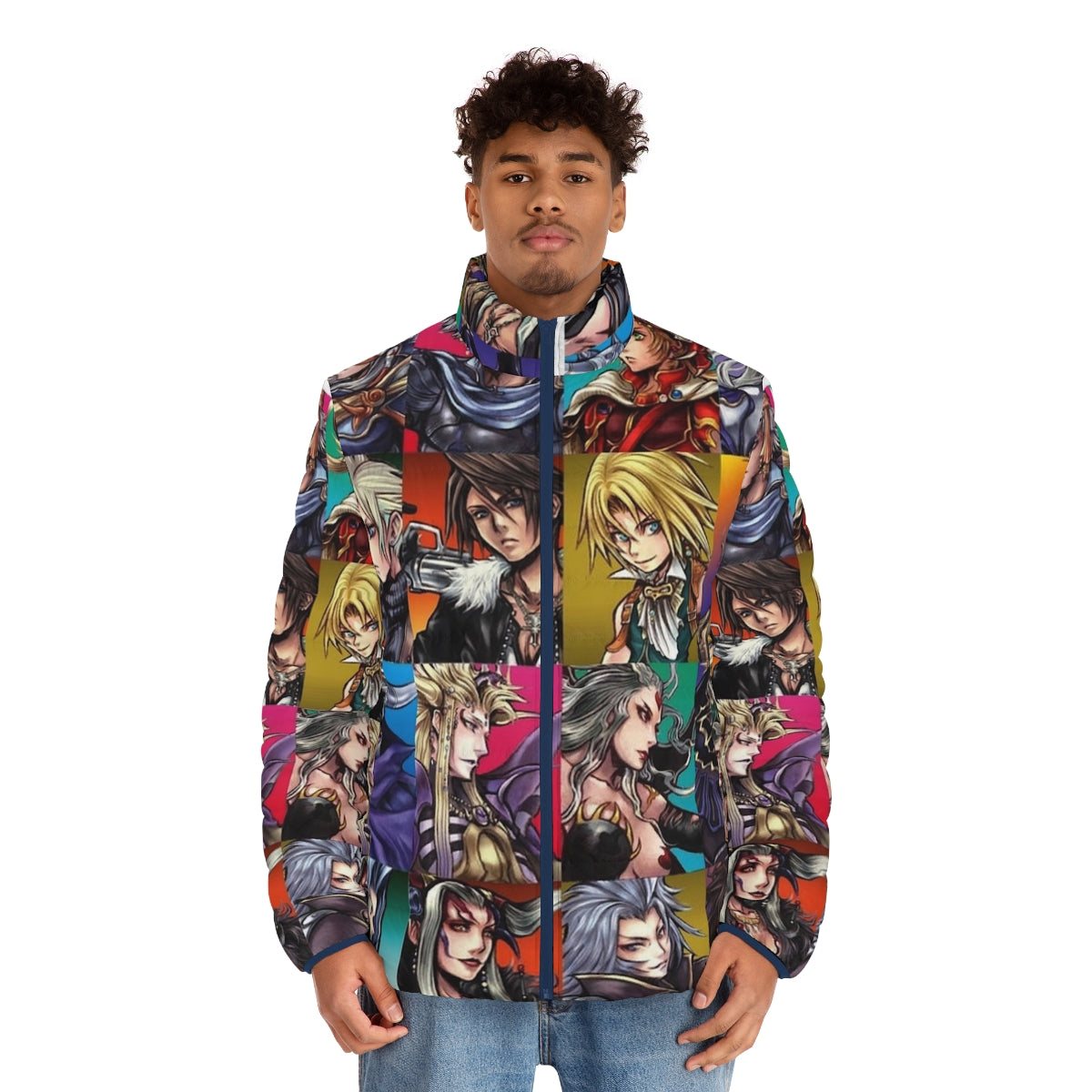 Final Fantasy Puffer Jacket featuring iconic characters and designs - men front