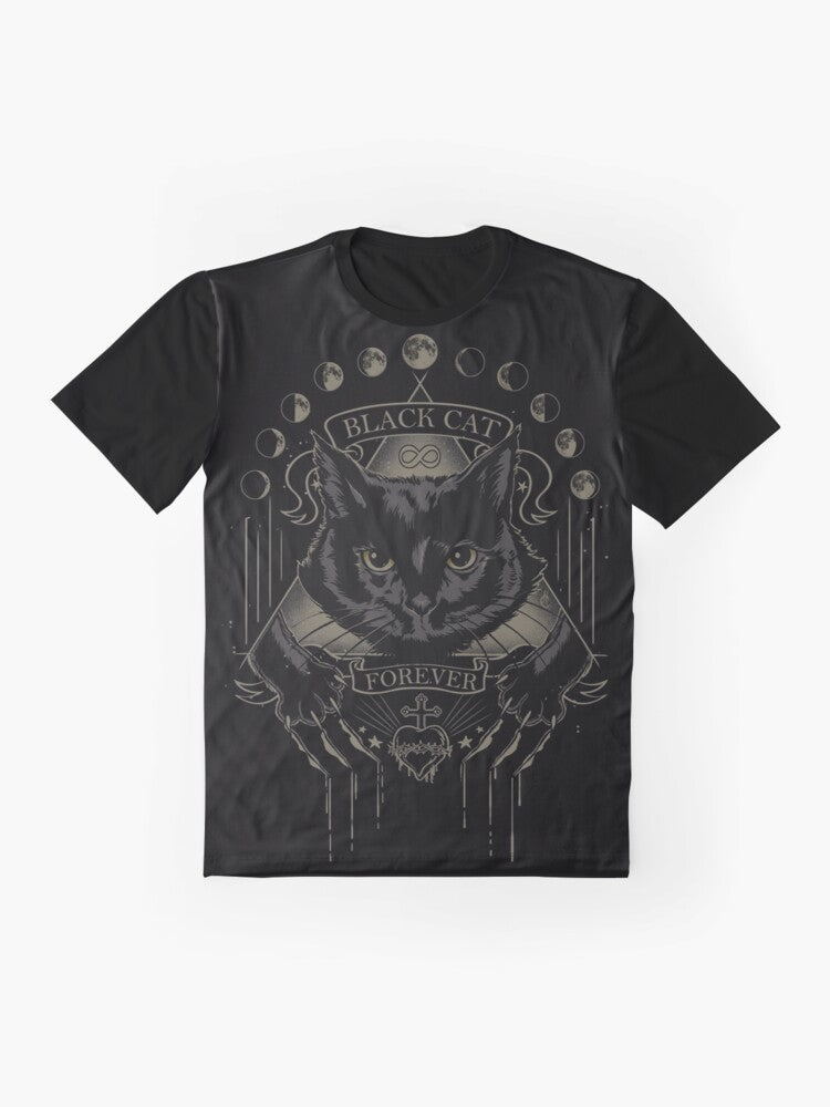 A black cat graphic t-shirt with an occult, lunar-inspired design - Flat lay