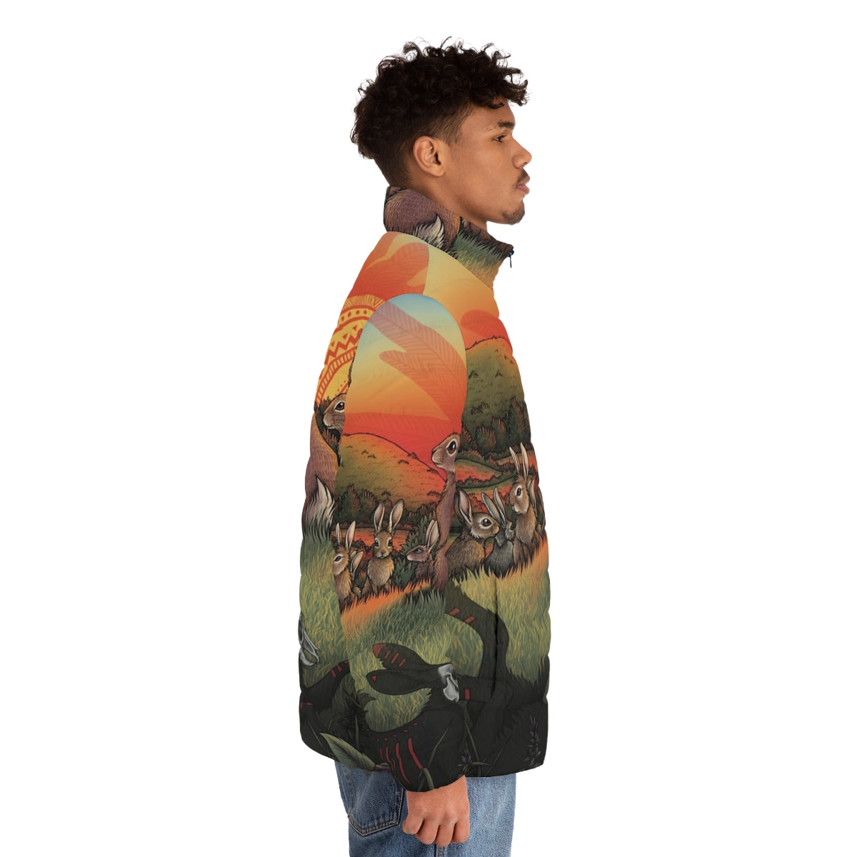 Watership Down inspired puffer jacket with rabbit and nature imagery - men side right