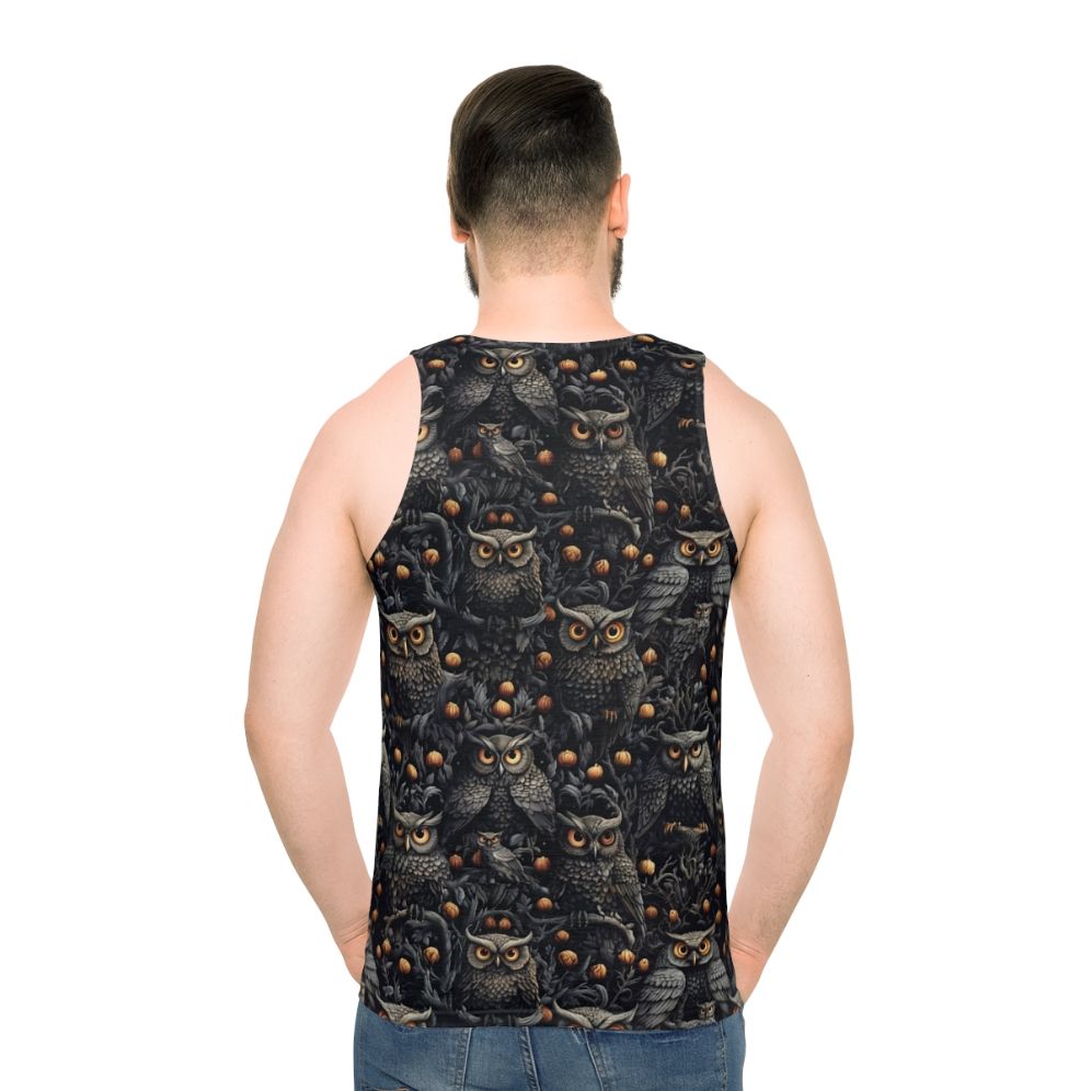 Unisex Halloween tank top with spooky owl and witch design - men back