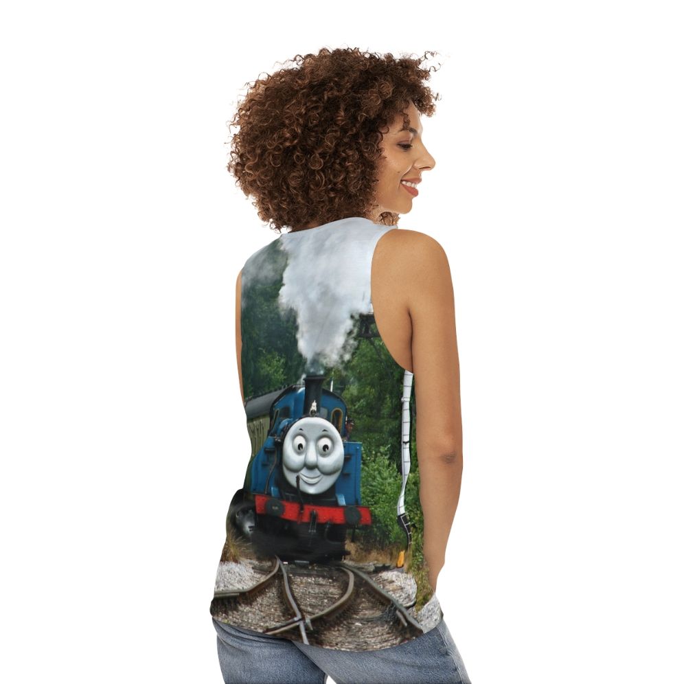 Unisex tank top with vintage steam locomotive design - women back