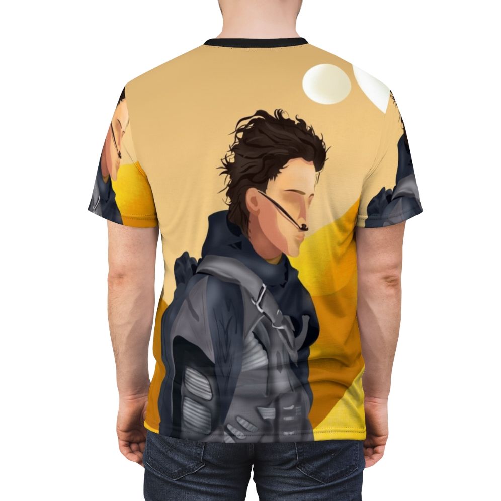 Dune-inspired t-shirt featuring the moons of Arrakis and a stylized portrait of Paul Atreides - men back