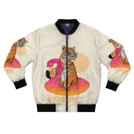 Stylish bomber jacket featuring a tropical flamingo and tiger design