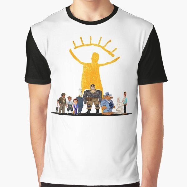 Point and Click Adventure Games Graphic T-Shirt featuring classic LucasArts characters and logos