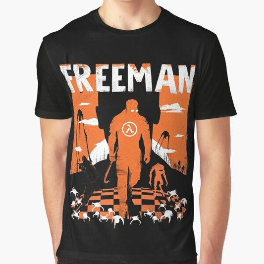 Vintage-style graphic t-shirt featuring the character Gordon Freeman from the Half Life video game series.