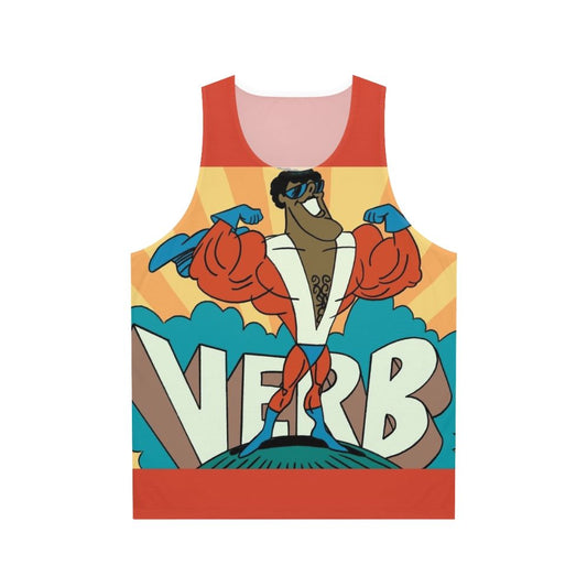 Unisex tank top with 1970s cartoon superhero verb design