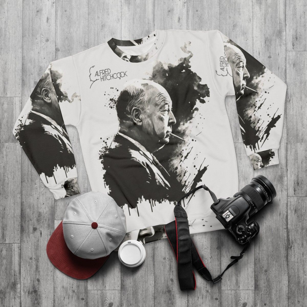 Alfred Hitchcock Black and White Drawing Sweatshirt - flat lay