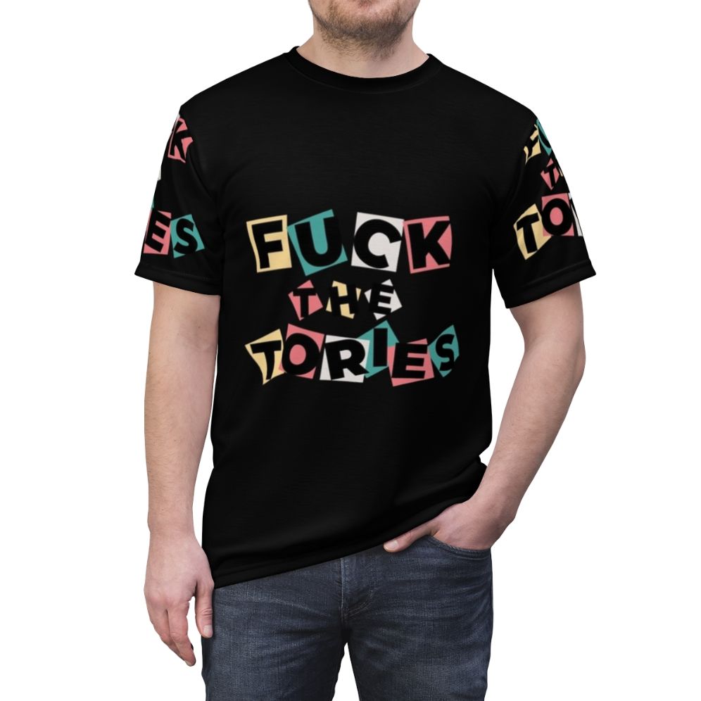 Anti-Tory political t-shirt with bold graphic design - men front