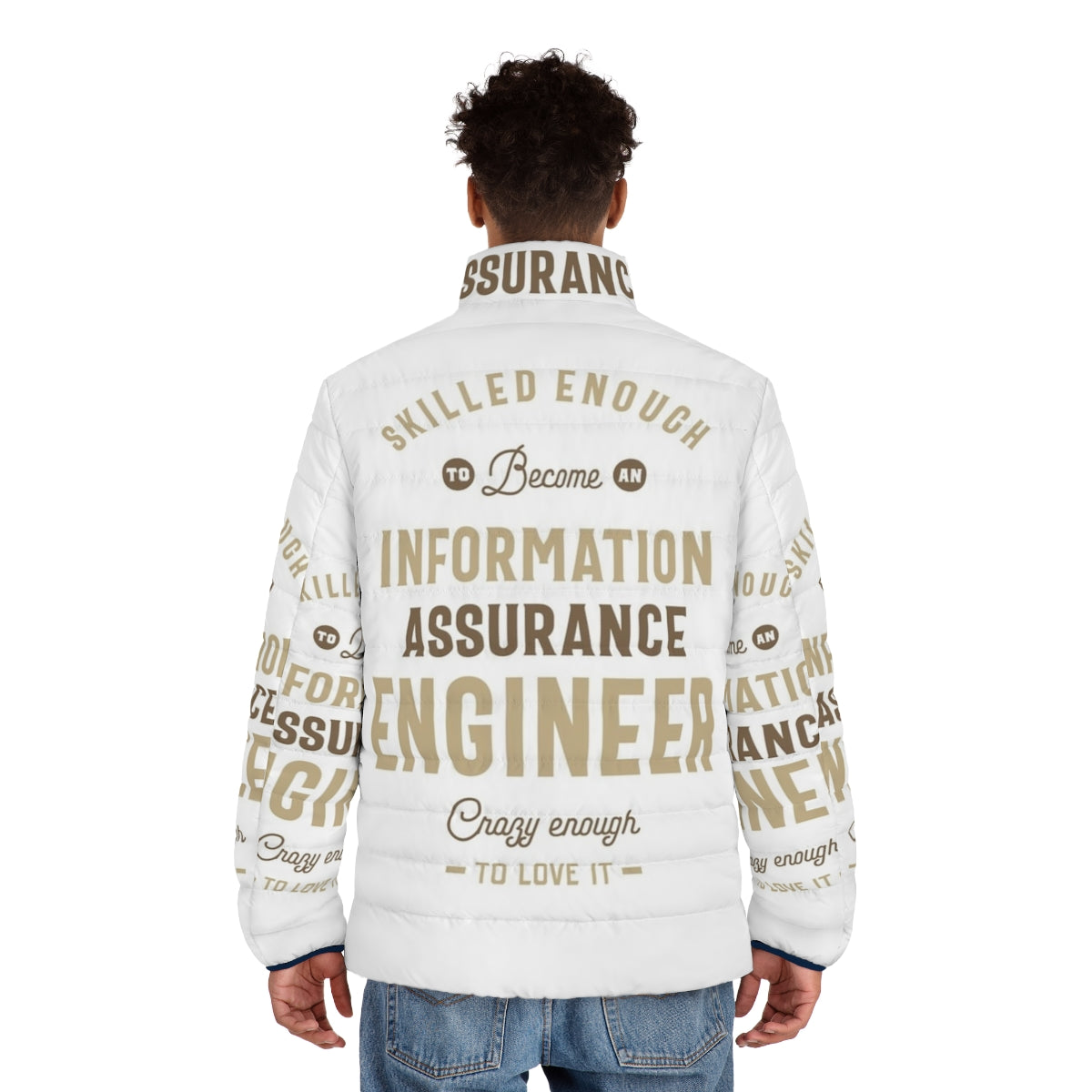 Information Assurance Engineer wearing a puffer jacket with a focus on cybersecurity and engineering - men back