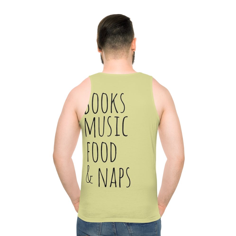 Books, Music, Food & Naps Unisex Tank Top - men back