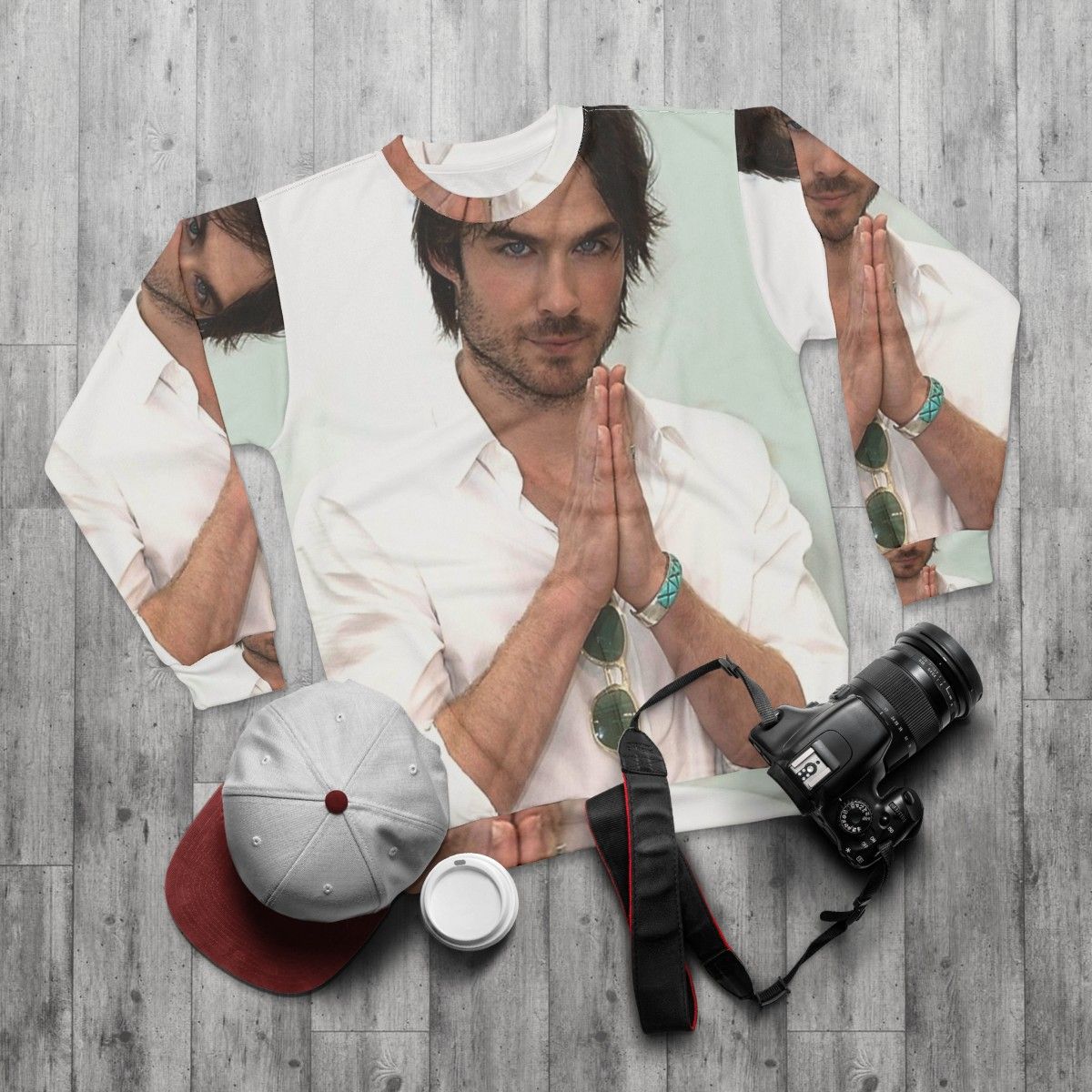 Ian Somerhalder as Damon Salvatore from The Vampire Diaries TV show on a black sweatshirt - flat lay