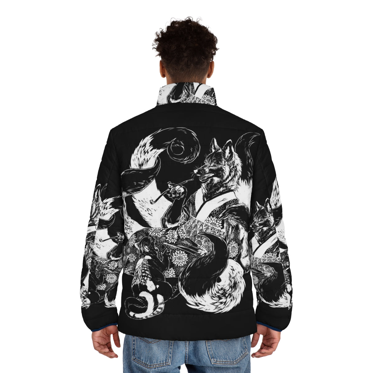 An inverted puffer jacket featuring a design of a nekomata (a two-tailed cat demon) arguing with a kitsune (a fox spirit) from Japanese mythology. - men back