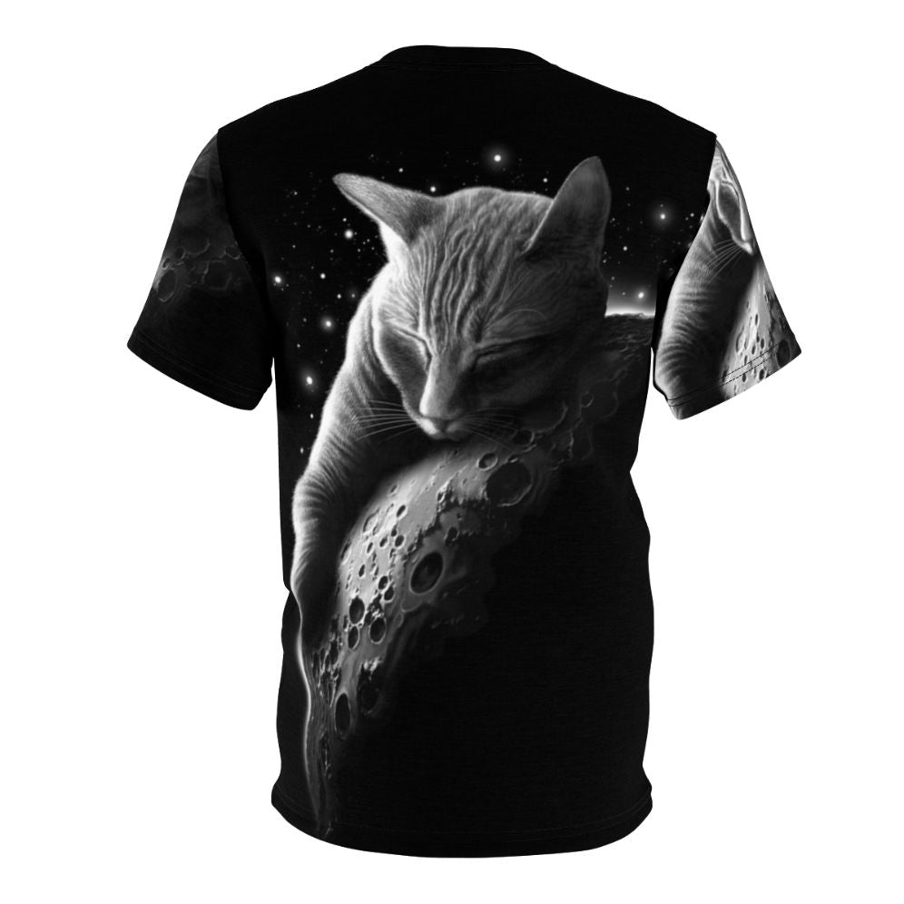 Mooncat AOP T-Shirt featuring a stylized cat astronaut in a space scene - Back