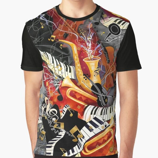 Colorful graphic t-shirt featuring musical instruments for a music jam session