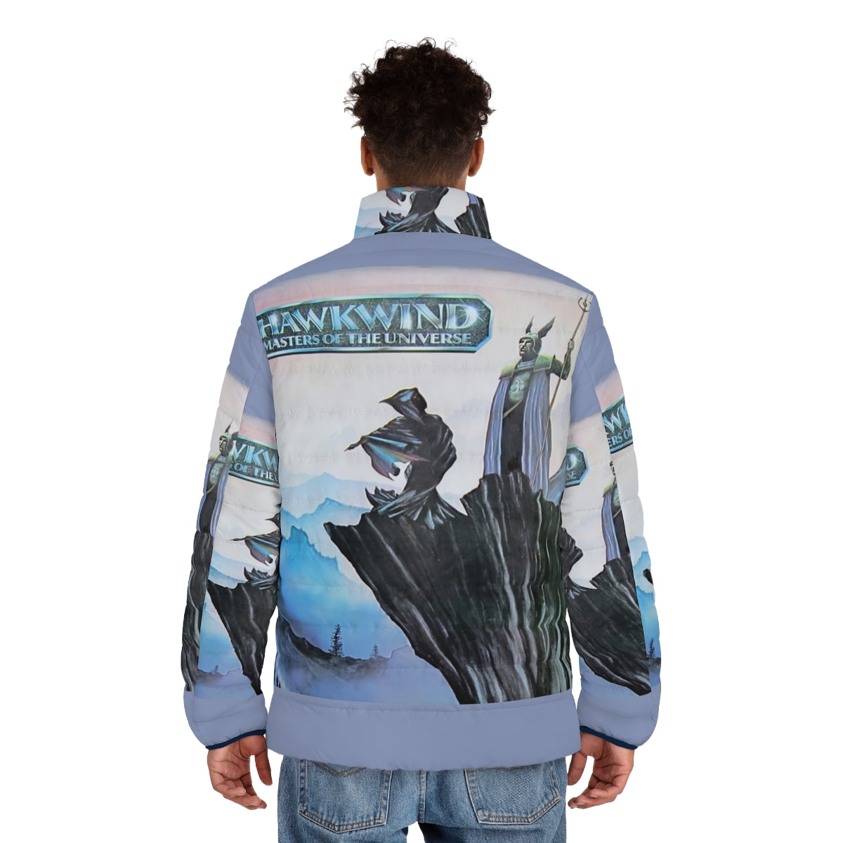 Retro Hawkwind Masters of the Universe 1977 puffer jacket with psychedelic design - men back