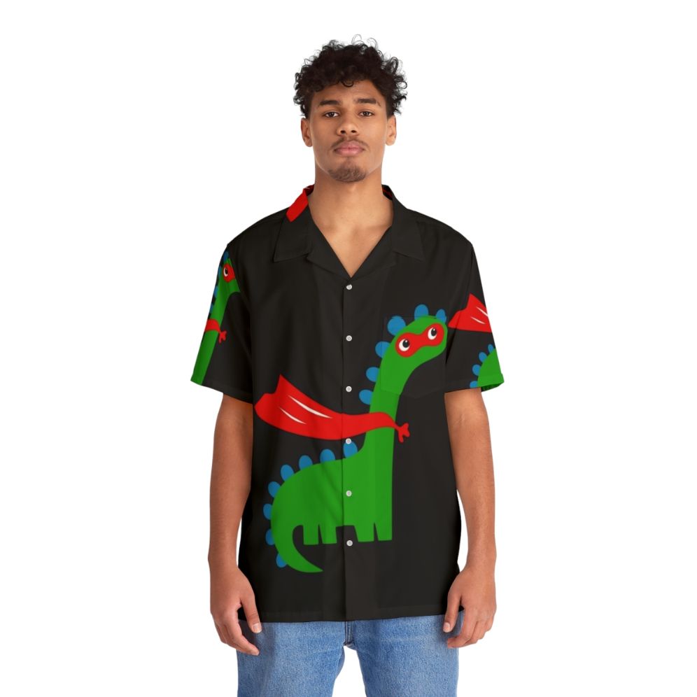 Dinosaur Superhero Hawaiian Shirt with Bold Graphics and Vibrant Colors - People Front