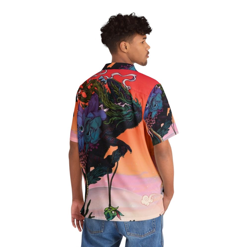 Phantasmagoria Hawaiian Shirt with surreal, psychedelic nature-inspired design featuring chameleon, flowers, and sunset colors. - People Back