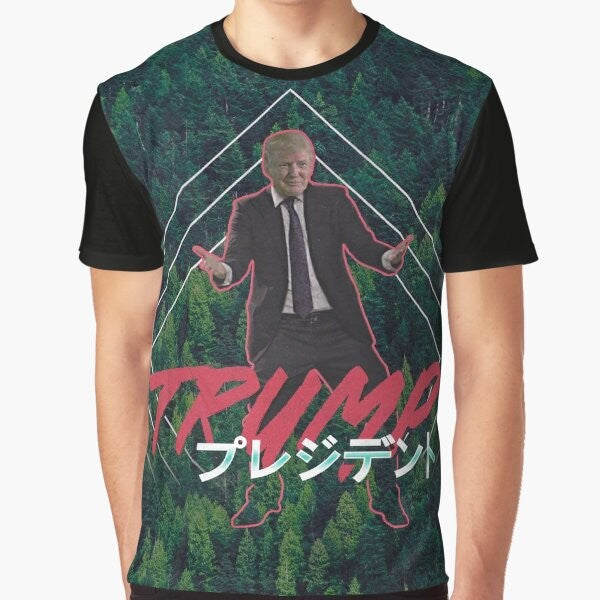 Vaporwave Donald Trump graphic t-shirt with retro, 90s aesthetic and pop art design