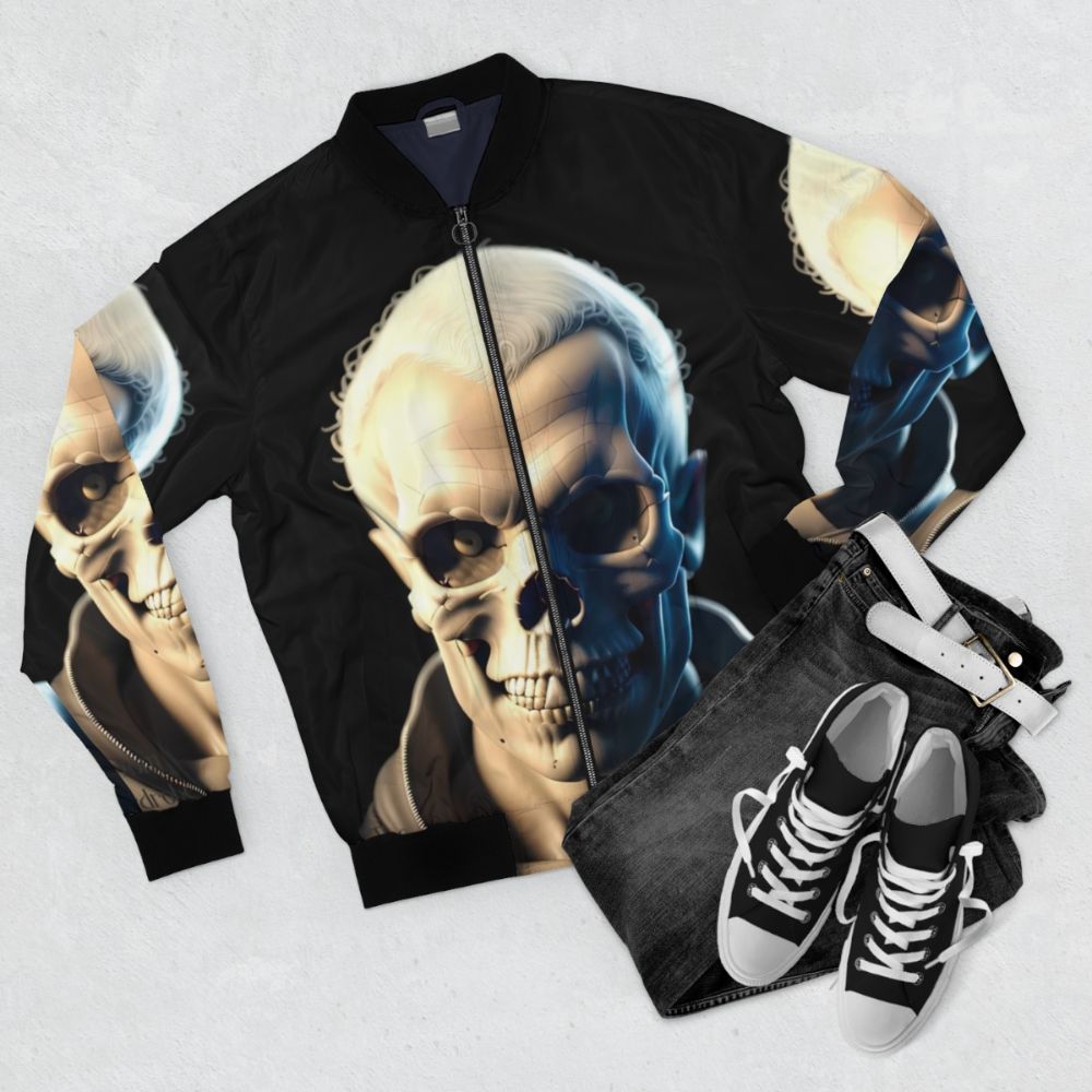 A stylish bomber jacket featuring a skull character portrait design - Flat lay