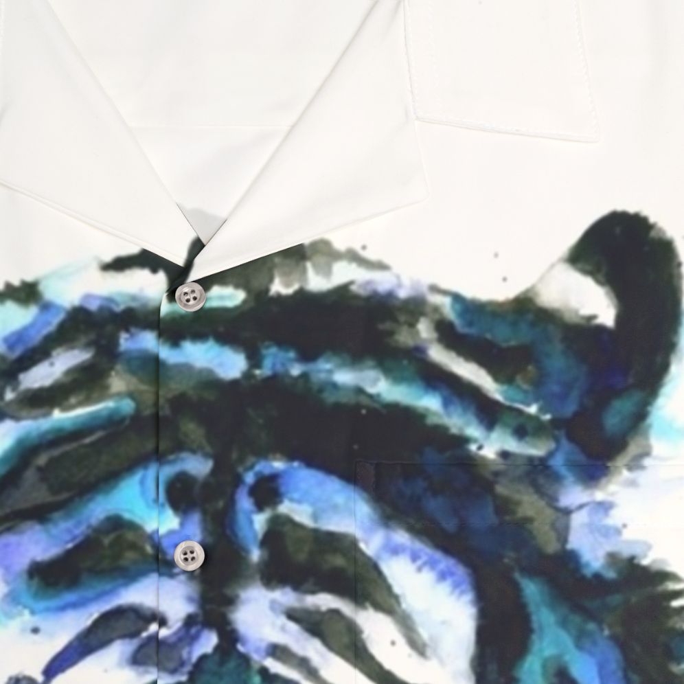 Blue Tiger Hawaiian Shirt with Tropical Floral Pattern - Detail