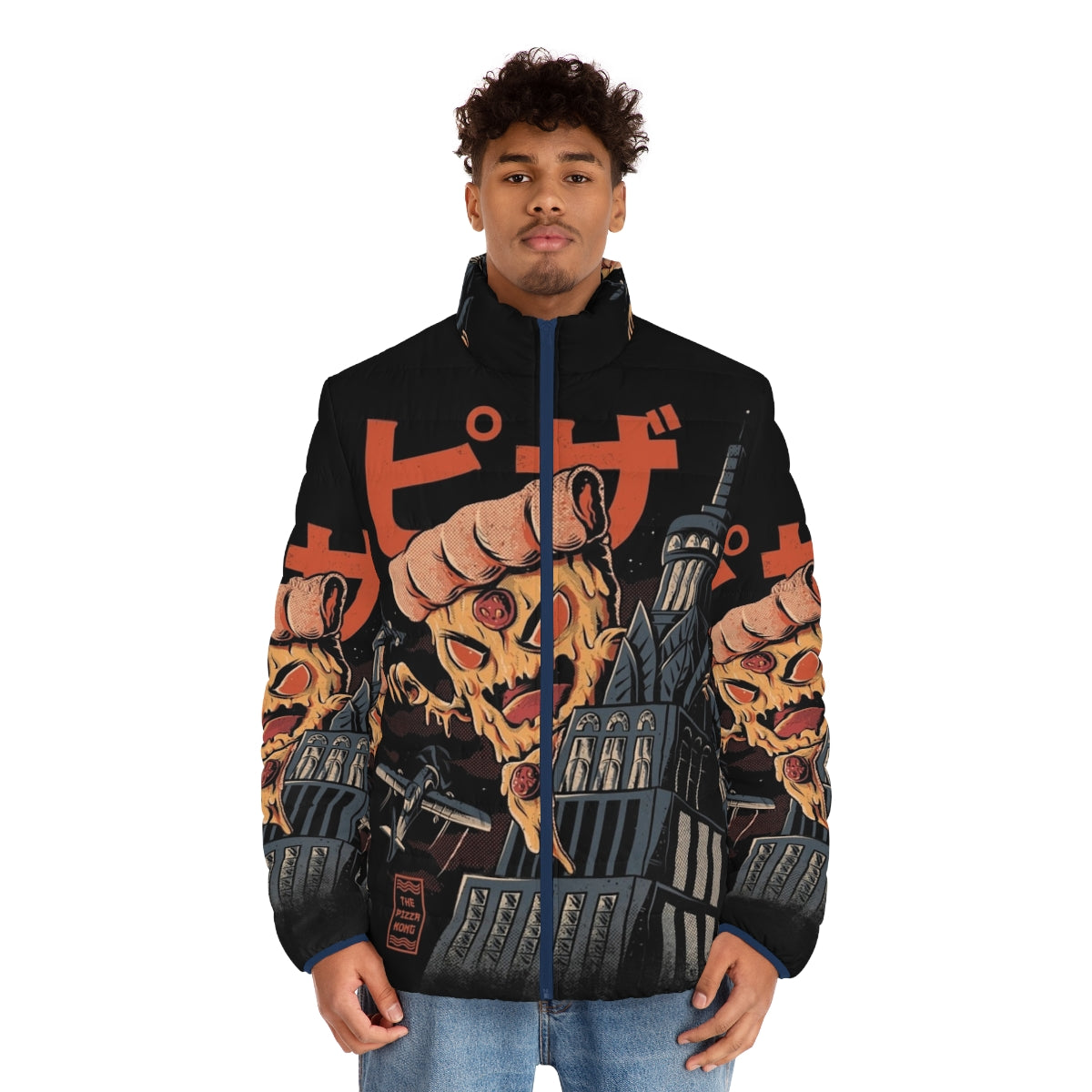 Retro Pizza Kong Puffer Jacket with Japanese Kaiju and Monster Inspired Design - men front