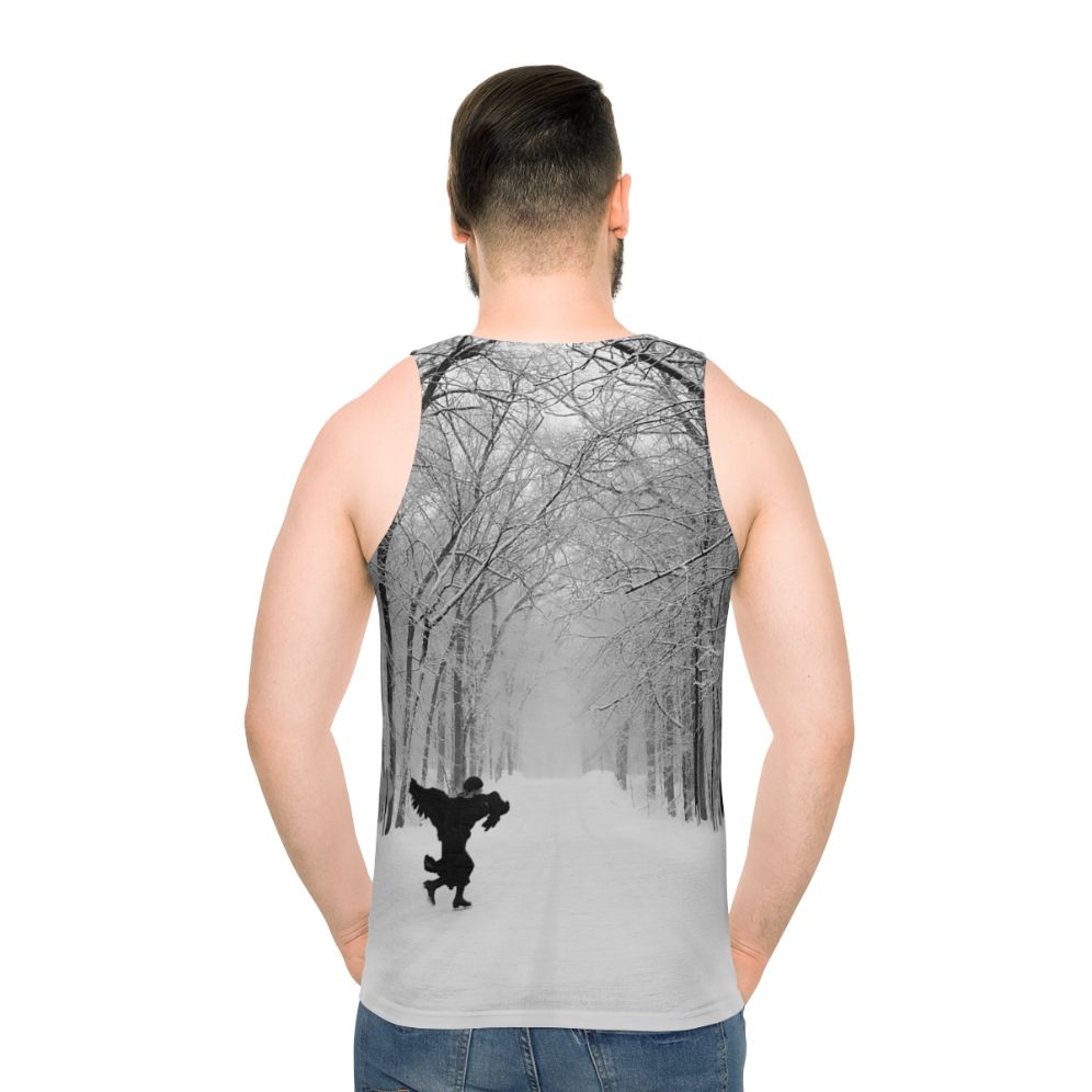 Joni Mitchell inspired unisex black crow graphic tank top - men back