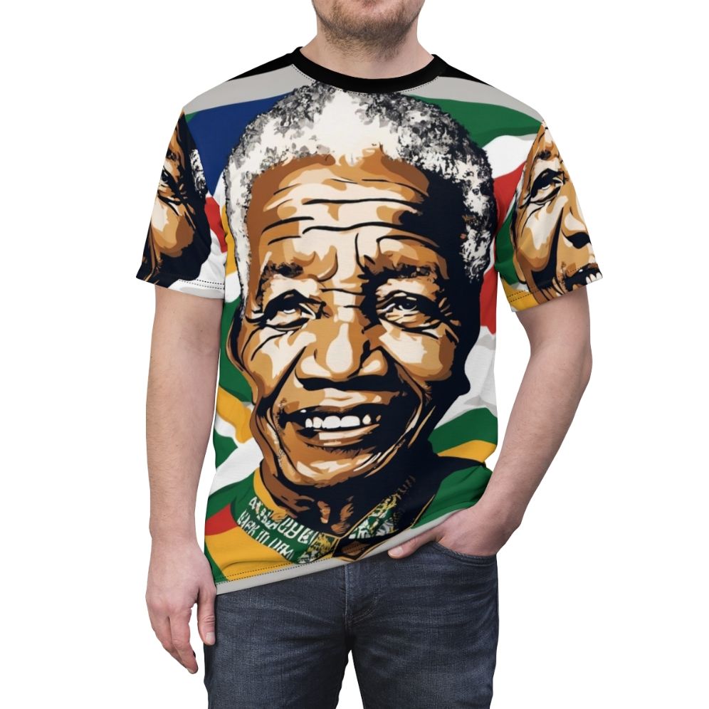 Reggae-style graphic t-shirt celebrating the legacy of Nelson Mandela, the iconic leader from South Africa. - men front