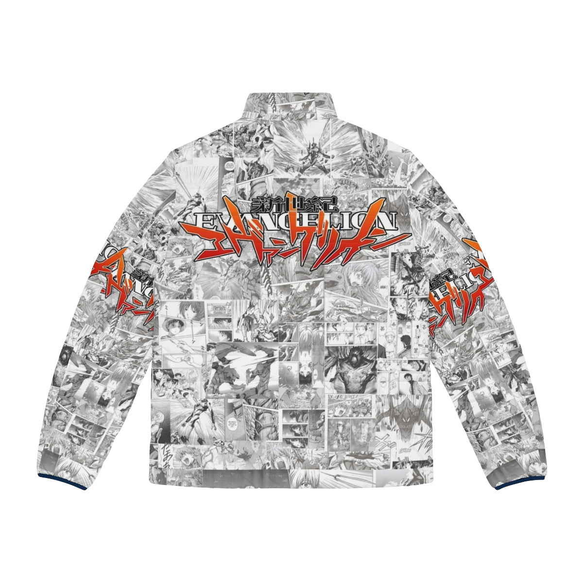 Evangelion puffer jacket featuring iconic mecha anime characters - Back