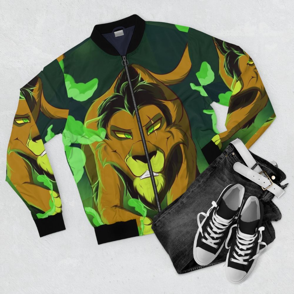 Scar Lion King Bomber Jacket featuring iconic villain character from Disney's The Lion King - Flat lay