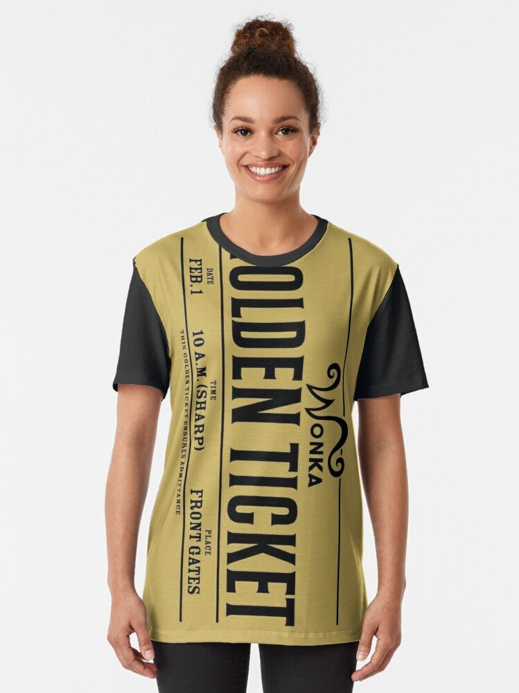 Golden ticket graphic t-shirt design, featuring a Wonka bar and chocolate references - Women