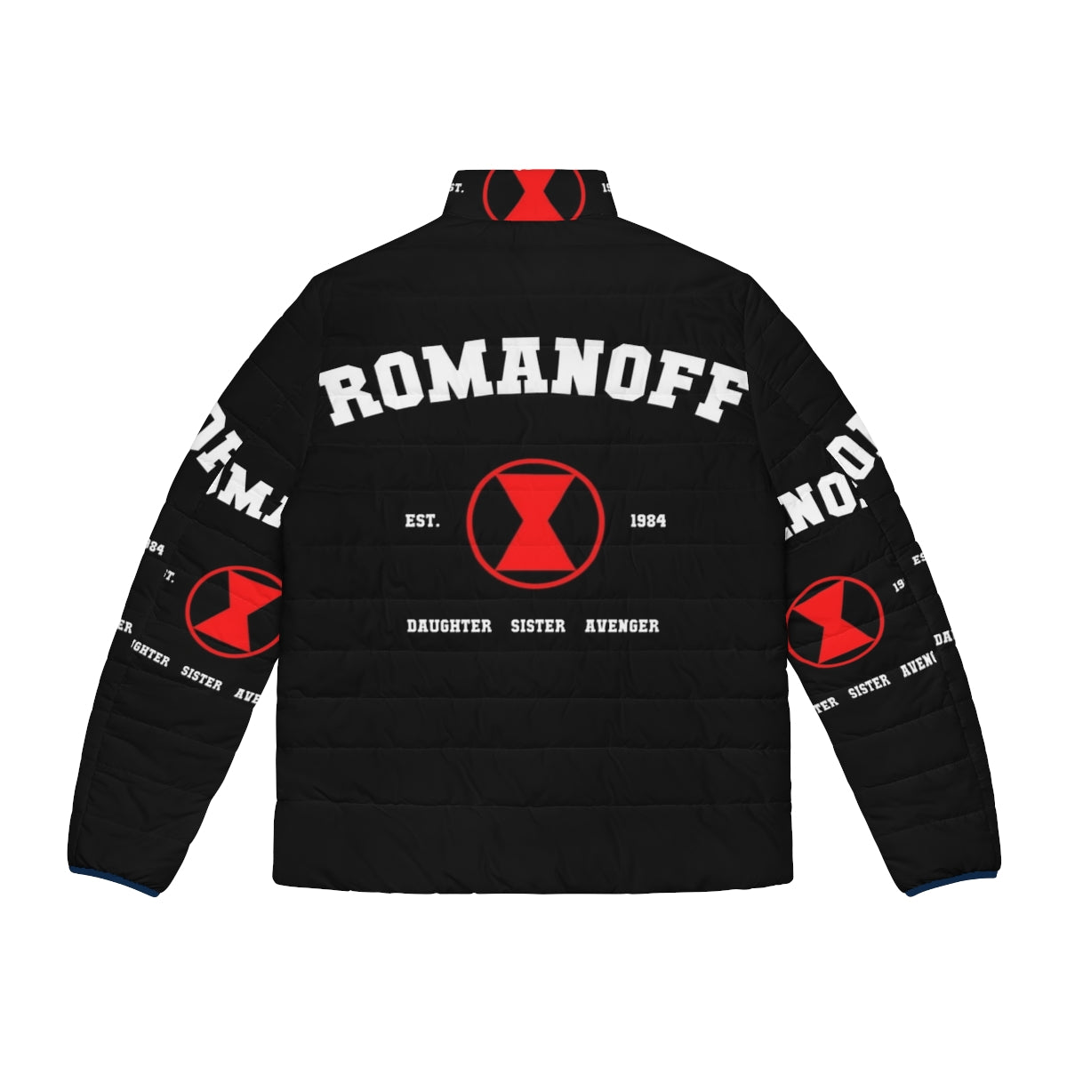 Romanoff Est 1984 Black Widow Tribute Puffer Jacket featuring Natasha Romanoff's iconic look - Back